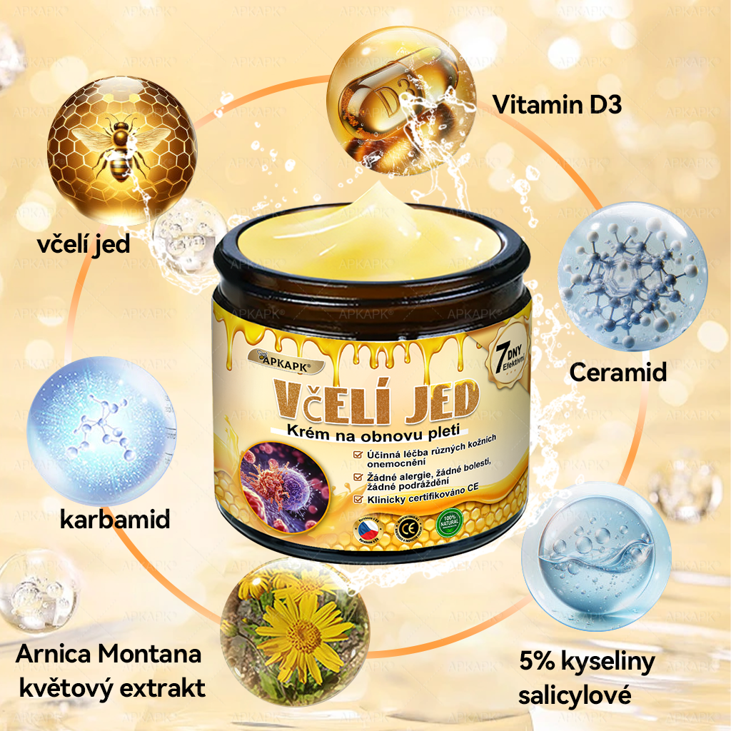 🐝Dermatologicky a klinicky testováno👩‍⚕️🐝APK®Bee Venom Krém na obnovení pleti🐝 pomáhá při léčbě kožních problémů, jako jsou: vrásky, jizvy, pigmentové skvrny, strie, akné, psoriáza, ekzém, kožní změny, podráždění, záněty a další kožní problémy.