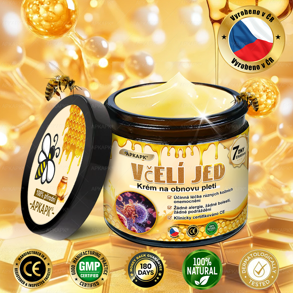 🐝Dermatologicky a klinicky testováno👩‍⚕️🐝APK®Bee Venom Krém na obnovení pleti🐝 pomáhá při léčbě kožních problémů, jako jsou: vrásky, jizvy, pigmentové skvrny, strie, akné, psoriáza, ekzém, kožní změny, podráždění, záněty a další kožní problémy.